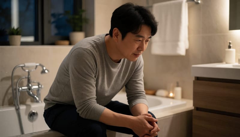 밤에 옆구리를 짚으며 통증을 호소하는 30대 남성