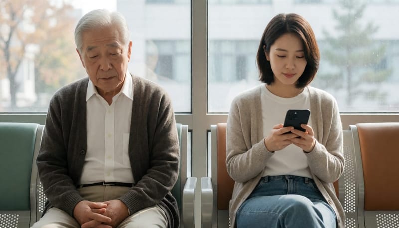 연령대가 다른 두 환자가 진료를 기다리는 병원 대기실 모습