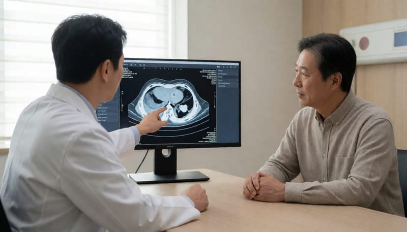 의사가 모니터의 영상 자료를 보며 환자에게 치료 방향을 설명하는 진료실 장면