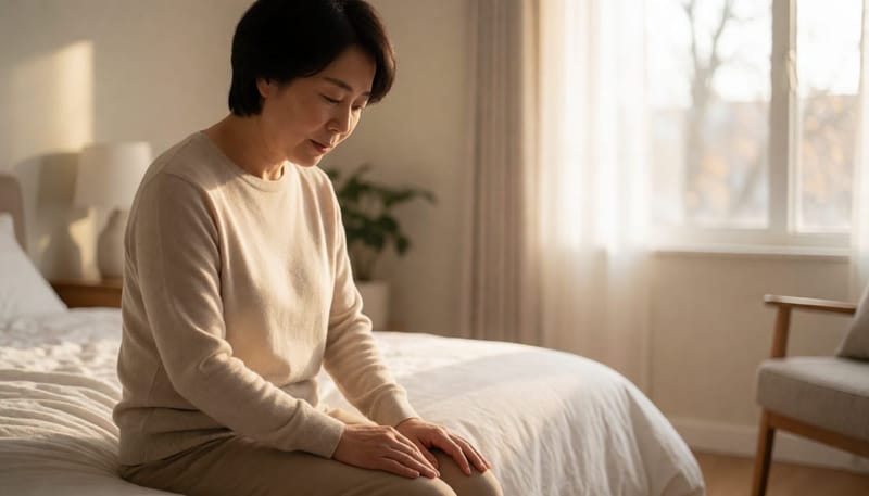 아침 햇살 속 하복부를 짚는 여성