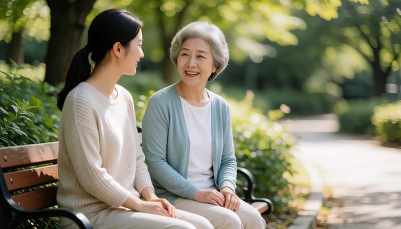 공원 벤치에 앉은 두 세대 여성