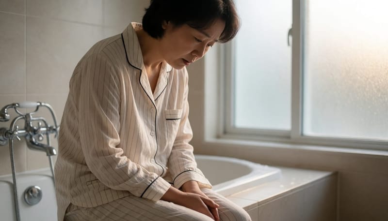 이른 아침 화장실에서 아랫배를 움켜쥔 채 근심 어린 표정을 짓는 여성