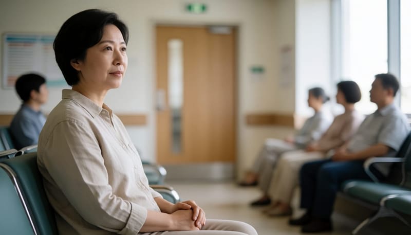 병원 대기실에서 진료를 기다리며 문 쪽을 바라보는 여성