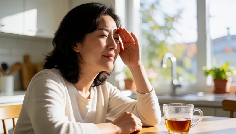 눈이 빨갛게 충혈된 채 아침 햇빛에 눈을 찡그리는 여성