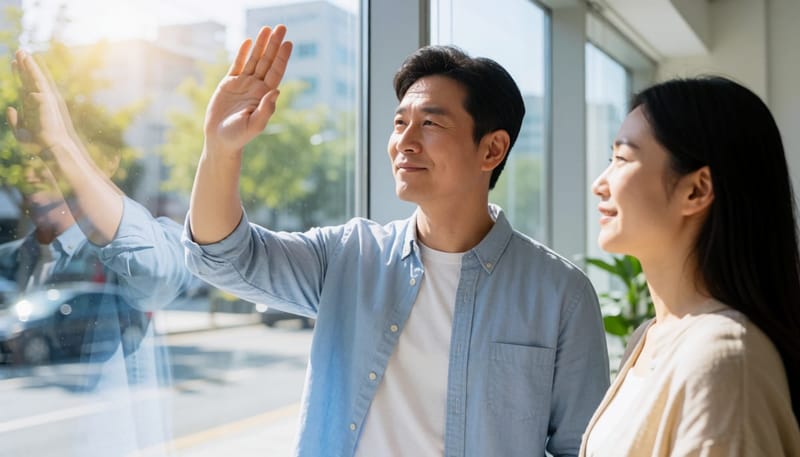 강한 햇빛을 손으로 가리며 눈부셔하는 남성