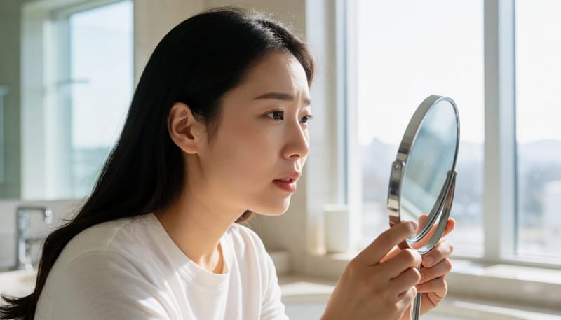 거울을 보며 충혈된 눈 상태를 확인하는 여성