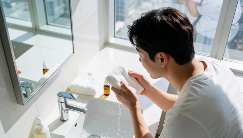 따뜻한 물수건으로 눈을 관리하려는 남성의 손과 세면대 모습