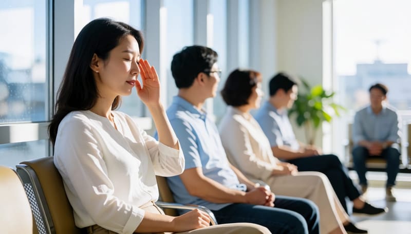 병원 대기실에서 눈을 감싸고 앉아 있는 여성
