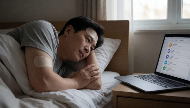 고열과 발진으로 침대에 누워 힘들어하는 남성, 옆에는 손대지 못한 노트북이 놓여 있다