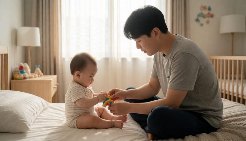 접종 부위가 붉지만 편안해 보이는 아기의 모습