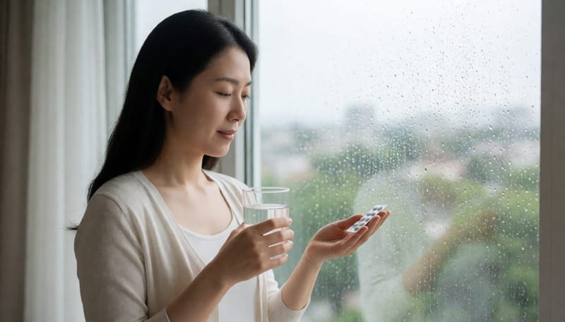 장마 뒤 습한 창가에서 물과 약을 들고 고민하는 여성