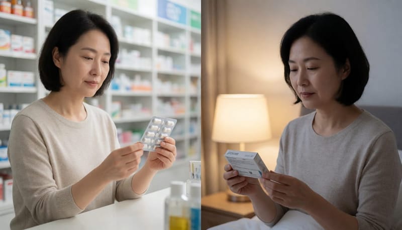 경구약과 질정을 각각 든 모습을 비교하는 두 장면 구성
