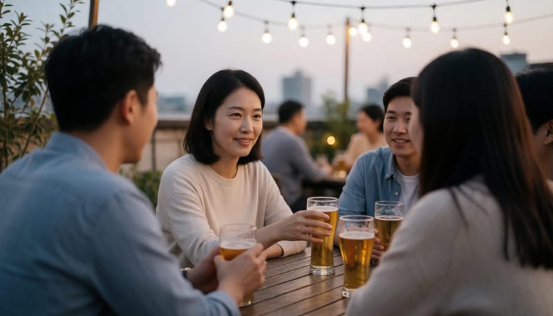 술자리에서 술잔을 손으로 막으며 정중히 사양하는 여성