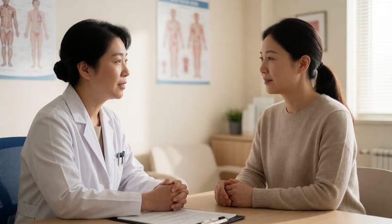 재발 증상으로 병원에서 의사와 상담하는 여성의 모습