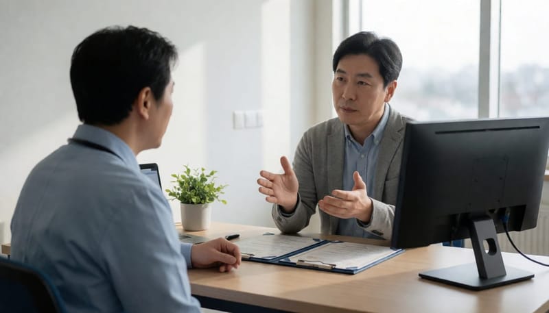 진료실에서 상담받는 환자와 의사