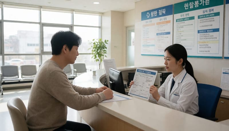 병원 접수처에서 실비보험 안내문을 확인하는 남성