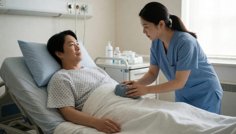 시술 후 회복실에서 간호사가 환자를 돌보는 장면