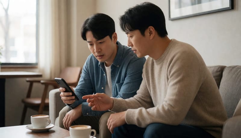 카페에서 스마트폰을 보며 실비보험 관련 대화를 나누는 두 남성