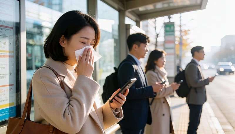 출근길 버스정류장에서 휴지로 코를 막고 있는 여성