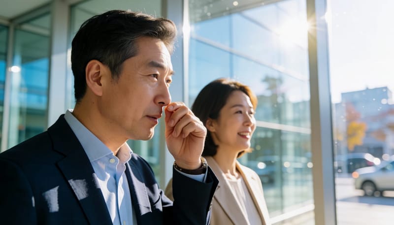 실내에서 차가운 바깥 공기로 나오며 코를 만지는 남성 옆모습