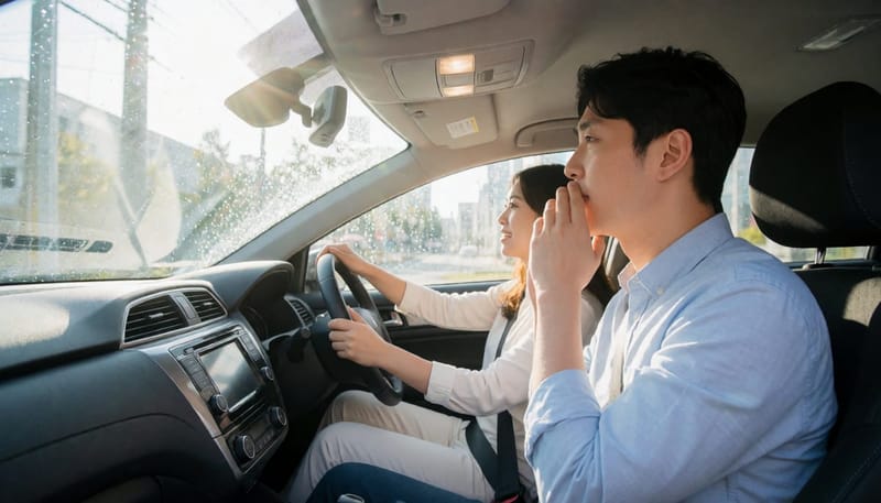 운전 중 재채기하려는 순간의 남성 운전자