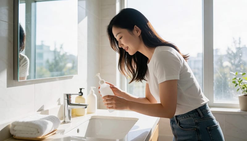 세면대 앞에서 비강세척용 용기를 사용하려는 여성