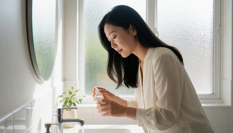 집에서 생리식염수로 코 세척을 시도해보는 여성