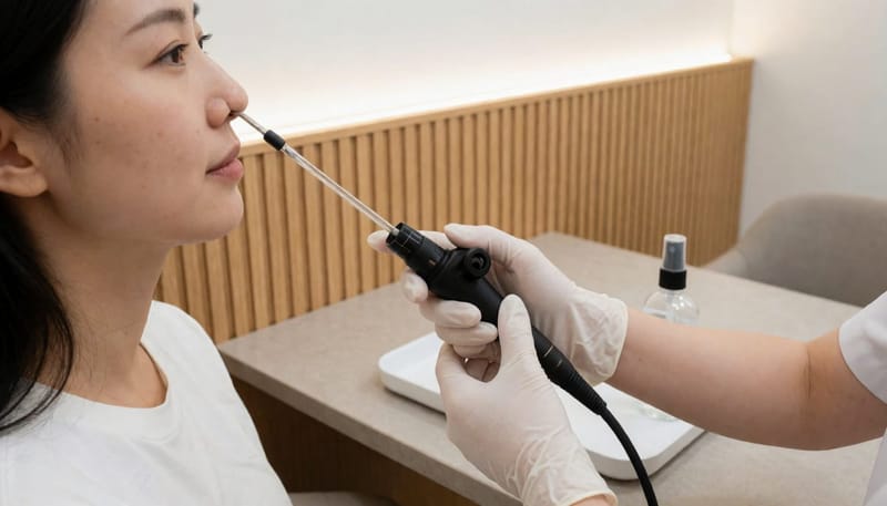 내시경으로 코 상태를 확인하며 치료 방향을 판단하는 진료 장면