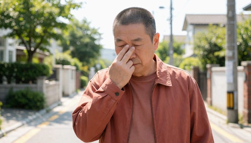 지속되는 코막힘과 통증으로 병원 방문이 필요해 보이는 남성