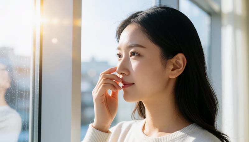 창가에서 코 주변을 만지며 콧물 반응을 느끼는 여성의 옆모습 클로즈업