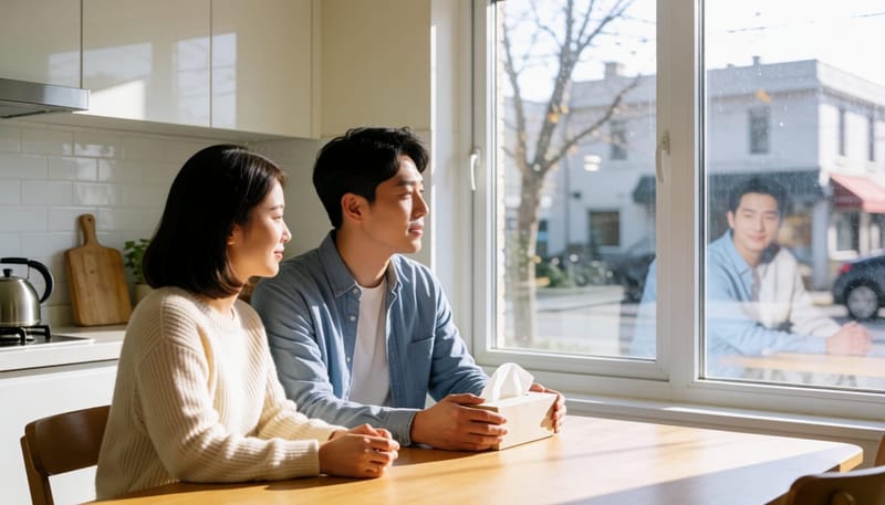 아침 식탁에서 티슈를 들고 창밖 추운 거리를 바라보는 남성