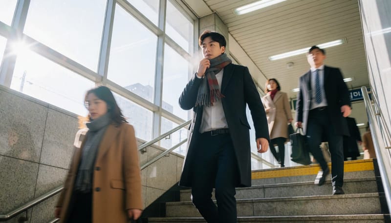 지하철 계단을 내려가며 목도리를 여미는 직장인의 동적인 모습