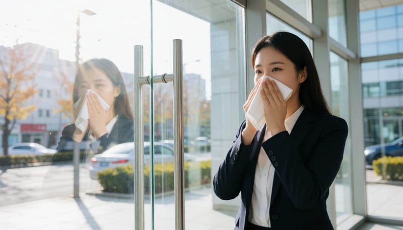 미팅 직전 건물 입구에서 손수건으로 코를 가리는 여성