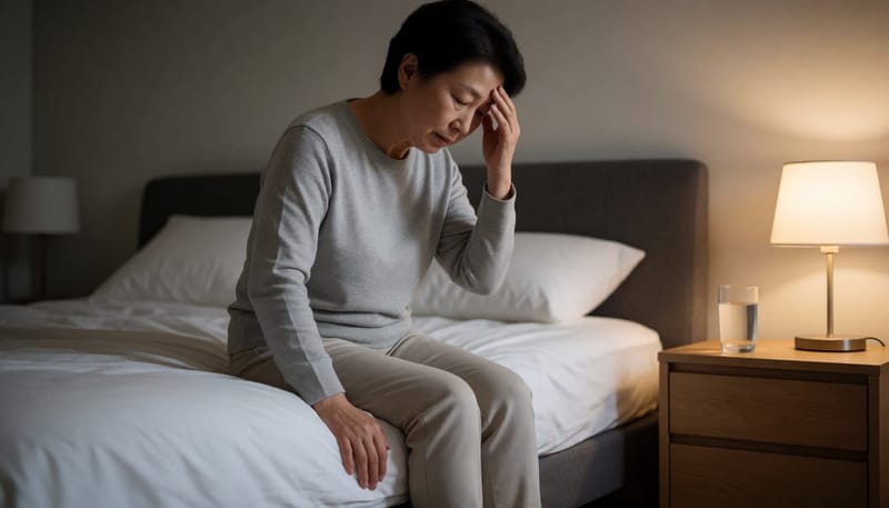 침대 끝에 앉아 이마를 짚으며 어지러움을 느끼는 여성