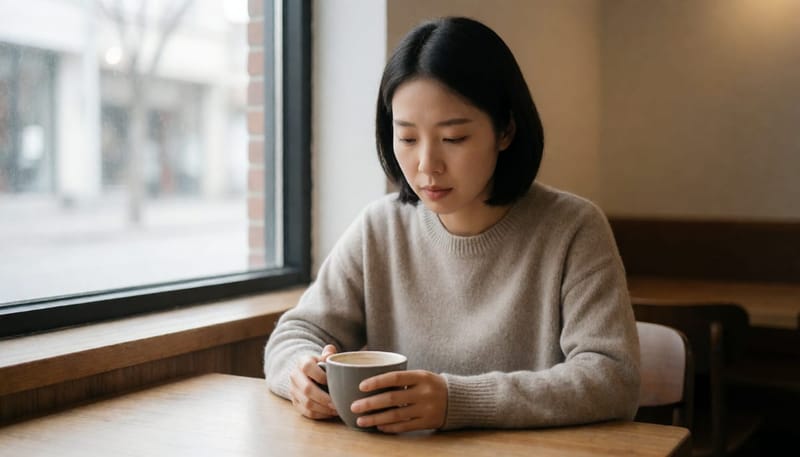 창가에 앉아 불안한 표정으로 찻잔을 감싸 쥔 여성