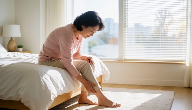 침대에 걸터앉아 종아리 아래쪽 거무스름한 피부를 살펴보는 여성