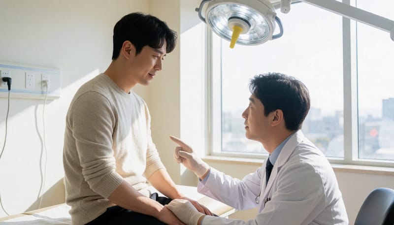 진료실에서 다리를 눌러 압력을 확인하는 의사와 환자