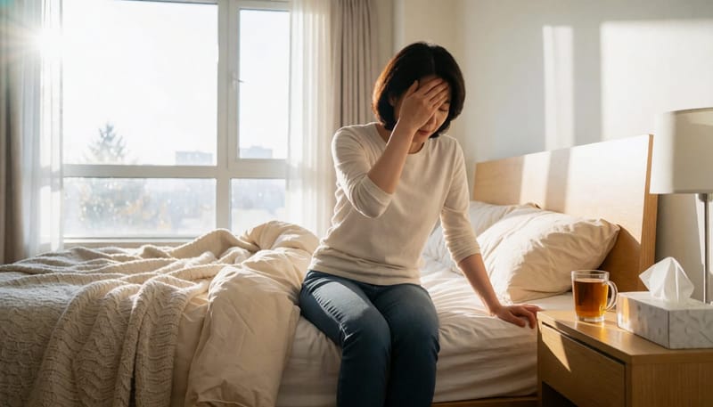 환절기 아침, 침대에 걸터앉아 어지럼을 느끼는 여성
