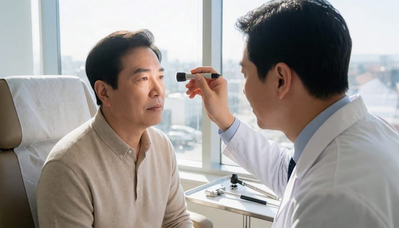 진료실에서 어지럼의 원인을 살피기 위해 눈 움직임을 검사하는 의사