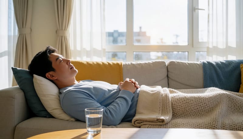 발병 초기, 소파에 누워 안정을 취하는 남성