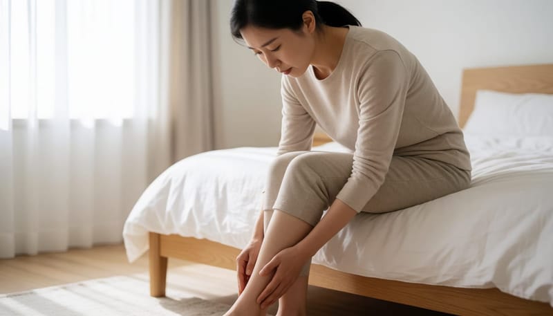 바닷가 다녀온 후 다리에 물집이 잡혀 걱정스럽게 살펴보는 여성