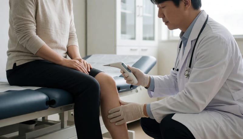 체온과 물집 상태를 확인하며 진료받는 여성의 모습