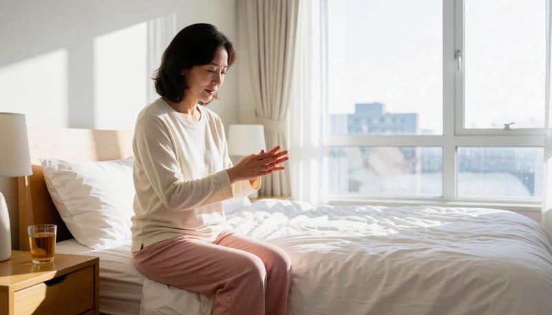 아침에 침대에 앉아 손을 마사지하는 여성