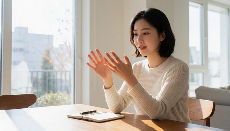 손끝을 자세히 들여다보며 저림 증상을 살피는 여성