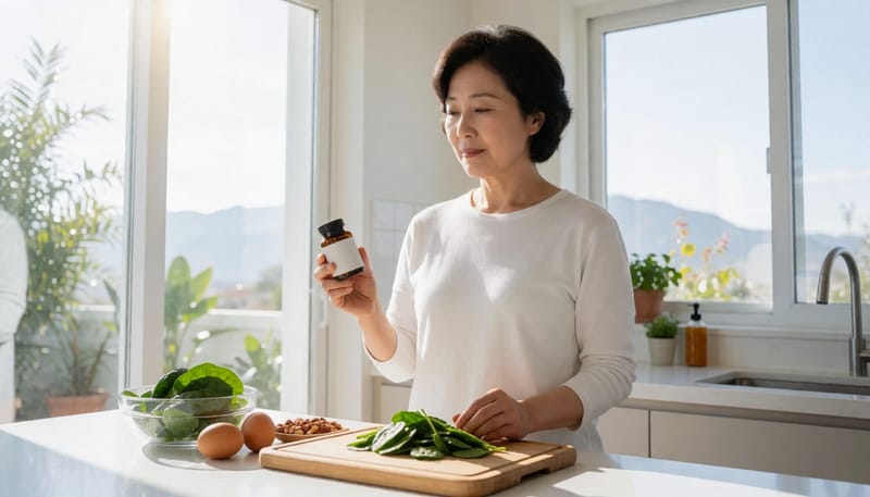 보충제와 식재료를 번갈아 보며 고민하는 여성