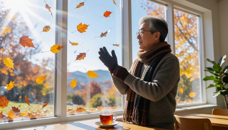 환절기 바람을 보며 장갑을 끼는 남성