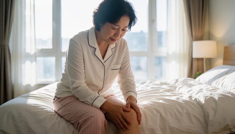 아침에 침대에 걸터앉아 무릎을 짚고 통증을 느끼는 중년 여성
