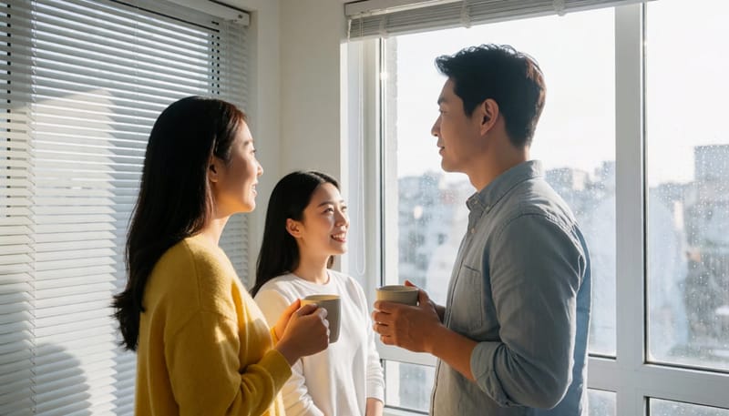 햇빛이 잘 들지 않는 실내에서 창밖을 바라보는 남성