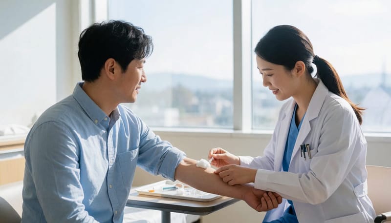 병원에서 채혈 검사를 받는 남성 환자와 간호사