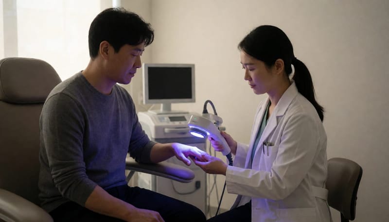 우드등 검사로 손등 반점을 진단하는 피부과 진료 장면
